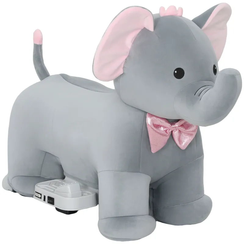 Elefante Eléctrico con Música Batería 6V Tacto Suave Ruedas Silenciosas de PU Marcha Adelante Gris