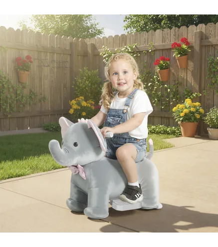 Elefante Eléctrico con Música Batería 6V Tacto Suave Ruedas Silenciosas de PU Marcha Adelante Gris