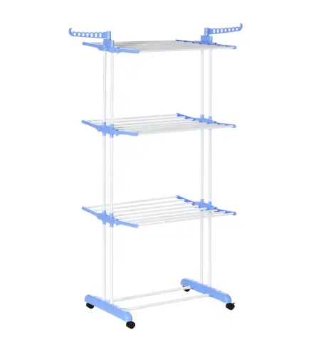 Tendedero Vertical Plegable con Ruedas Tendedero de Ropa de 3 Niveles con Alas Plegables 73x64x172 cm Azul y Blanco