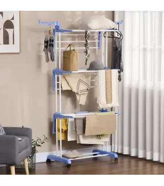 Tendedero Vertical Plegable con Ruedas Tendedero de Ropa de 3 Niveles con Alas Plegables 73x64x172 cm Azul y Blanco