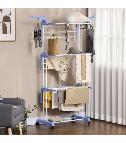 Tendedero Vertical Plegable con Ruedas Tendedero de Ropa de 3 Niveles con Alas Plegables 73x64x172 cm Azul y Blanco