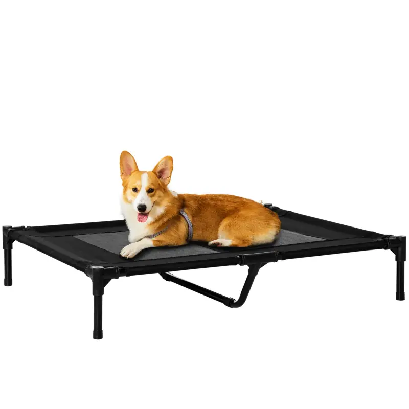 Cama para Mascotas Portátil con Zona de Malla Transpirable y Tela Oxford para Interior Exterior 92x76x18 cm Negro