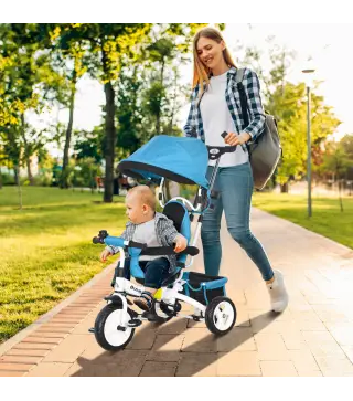 Triciclo Evolutivo para Niños +12 Meses con Toldo Plegable Mango de Empuje Telescópico y Cinturón de Seguridad Azul