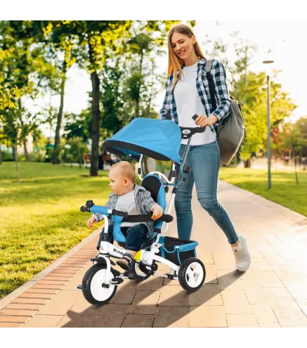Triciclo Evolutivo para Niños +12 Meses con Toldo Plegable Mango de Empuje Telescópico y Cinturón de Seguridad Azul