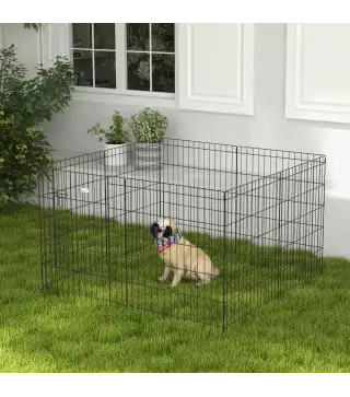 Corralito para Perros de 8 Paneles 76x61 cm Forma Personalizada con Puerta y Doble Cerradura para Jardín Patio Negro