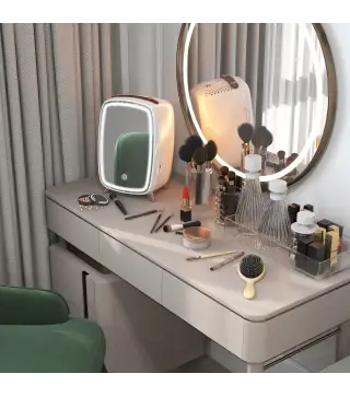 Nevera para Cosméticos Pequeña con 6L Capacidad con Puerta con Espejo y Luces LED Ajustables 24,3x19,4x35,6 cm Blanco