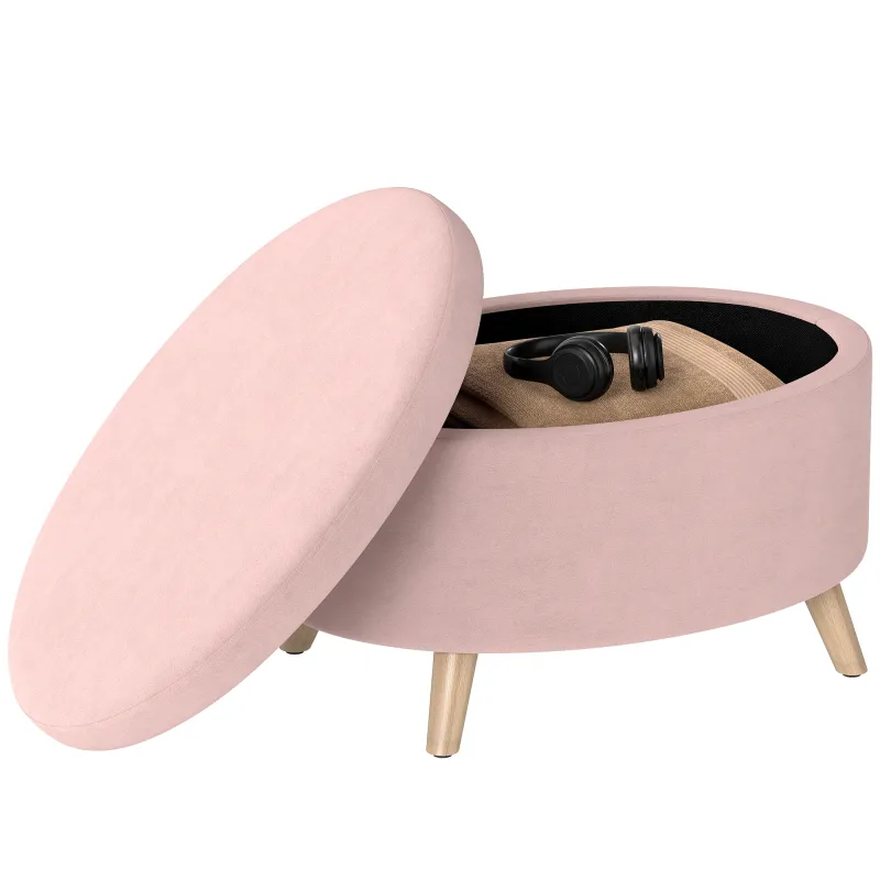 Puff Almacenaje Ovalado Banco Almacenaje 71x51,5x42 cm Tapizado en Terciopelo con Patas de Madera Maciza Rosa Claro