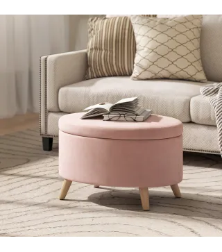 Puff Almacenaje Ovalado Banco Almacenaje 71x51,5x42 cm Tapizado en Terciopelo con Patas de Madera Maciza Rosa Claro