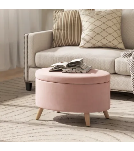Puff Almacenaje Ovalado Banco Almacenaje 71x51,5x42 cm Tapizado en Terciopelo con Patas de Madera Maciza Rosa Claro