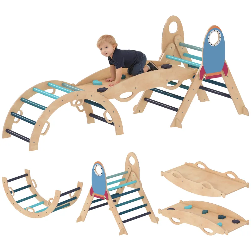 8 en 1 Triángulo de Escalada Montessori de Madera Tema de Cohetes con Arco y Rampa para Niños de 18-48 Meses Azul