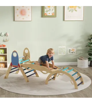 8 en 1 Triángulo de Escalada Montessori de Madera Tema de Cohetes con Arco y Rampa para Niños de 18-48 Meses Azul