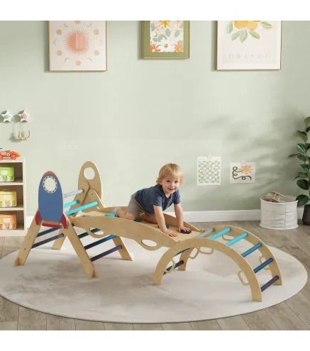 8 en 1 Triángulo de Escalada Montessori de Madera Tema de Cohetes con Arco y Rampa para Niños de 18-48 Meses Azul