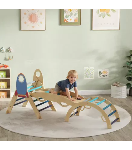 8 en 1 Triángulo de Escalada Montessori de Madera Tema de Cohetes con Arco y Rampa para Niños de 18-48 Meses Azul