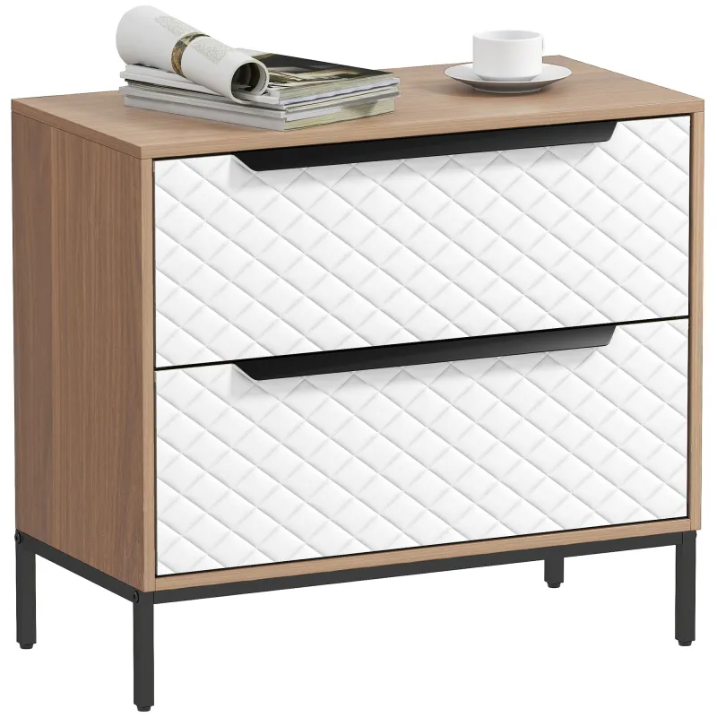 Cómoda con 2 Cajones de Tela Frentes con Patrón de Diamante para Salón Oficina Vestidor Natural y Blanco