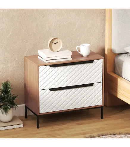 Cómoda con 2 Cajones de Tela Frentes con Patrón de Diamante para Salón Oficina Vestidor Natural y Blanco