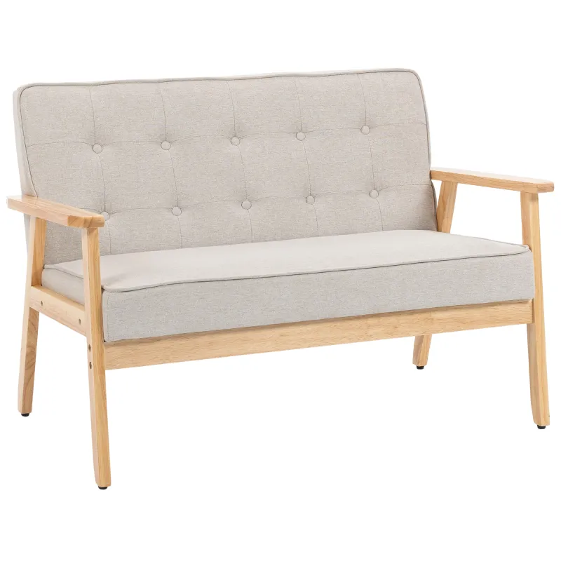 Sofá de 2 Plazas Tapizado en Lino Sintético Sofá Nórdico con Patas y Reposabrazos de Madera 113x67x78 cm Beige