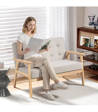 Sofá de 2 Plazas Tapizado en Lino Sintético Sofá Nórdico con Patas y Reposabrazos de Madera 113x67x78 cm Beige