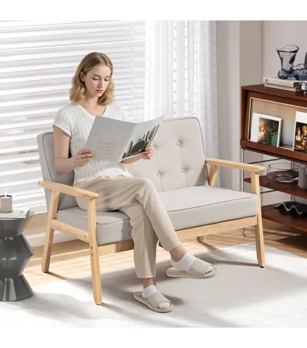 Sofá de 2 Plazas Tapizado en Lino Sintético Sofá Nórdico con Patas y Reposabrazos de Madera 113x67x78 cm Beige