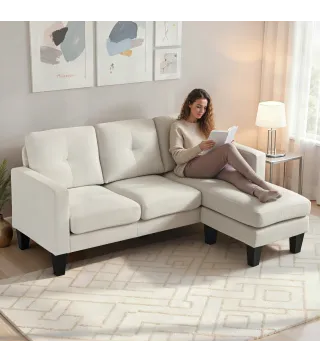 Sofá Chaise Longue Reversible con Estructura de Acero Tapizado en Chenilla 186x130x84cm Crema