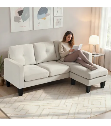 Sofá Chaise Longue Reversible con Estructura de Acero Tapizado en Chenilla 186x130x84cm Crema