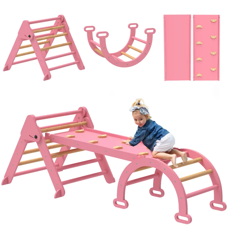 7 en 1 Triángulo de Escalada Montessori de Madera Plegable con Arco y Rampa para Niños de 18-48 Meses 188x70 cm Rosa