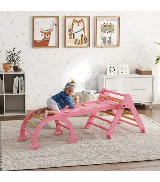 7 en 1 Triángulo de Escalada Montessori de Madera Plegable con Arco y Rampa para Niños de 18-48 Meses 188x70 cm Rosa