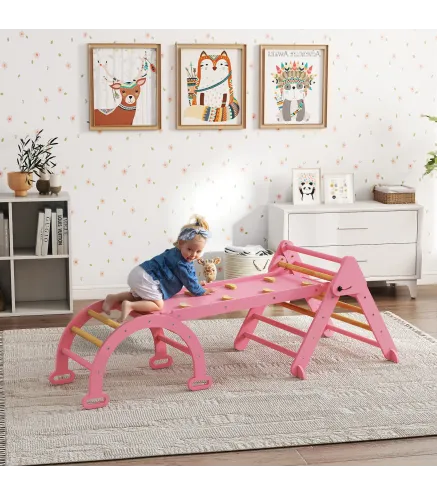 7 en 1 Triángulo de Escalada Montessori de Madera Plegable con Arco y Rampa para Niños de 18-48 Meses 188x70 cm Rosa