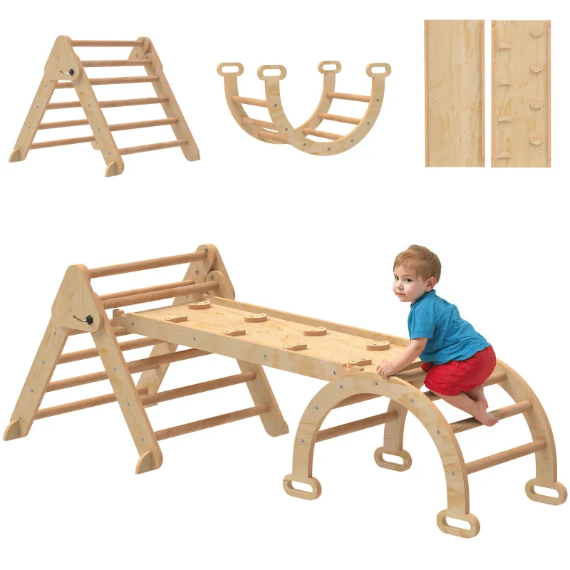 7 en 1 Triángulo de Escalada Montessori de Madera Plegable con Arco y Rampa para Niños 18-48 Meses 188x70 cm Natural