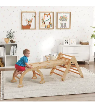 7 en 1 Triángulo de Escalada Montessori de Madera Plegable con Arco y Rampa para Niños 18-48 Meses 188x70 cm Natural