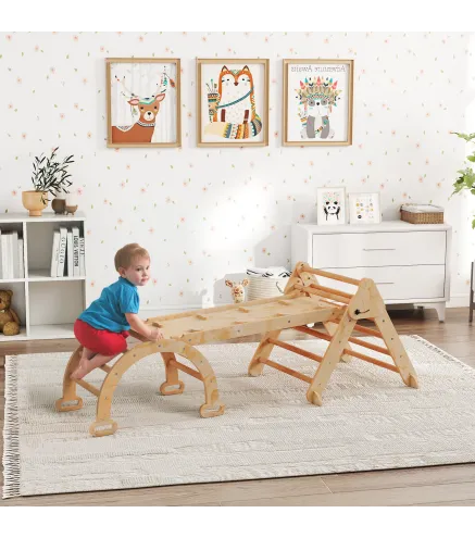 7 en 1 Triángulo de Escalada Montessori de Madera Plegable con Arco y Rampa para Niños 18-48 Meses 188x70 cm Natural