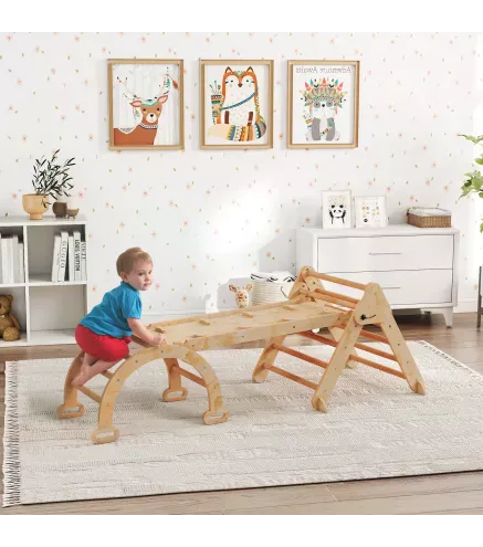 7 en 1 Triángulo de Escalada Montessori de Madera Plegable con Arco y Rampa para Niños 18-48 Meses 188x70 cm Natural
