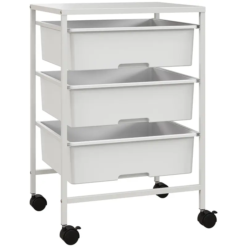 Carrito Auxiliar con Ruedas con 3 Cestas para Almacenamiento y Marco de Acero para Cocina Baño 40,8x33,5x60,5 cm Blanco