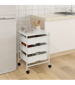 Carrito Auxiliar con Ruedas con 3 Cestas para Almacenamiento y Marco de Acero para Cocina Baño 40,8x33,5x60,5 cm Blanco
