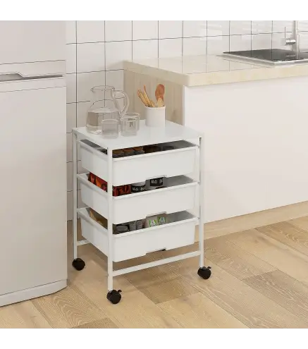 Carrito Auxiliar con Ruedas con 3 Cestas para Almacenamiento y Marco de Acero para Cocina Baño 40,8x33,5x60,5 cm Blanco