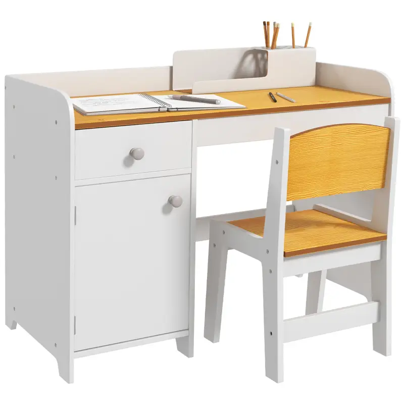 Escritorio para Niños con Silla Conjunto de Escritorio de 2 Piezas con Cajón y Armario Blanco y Natural