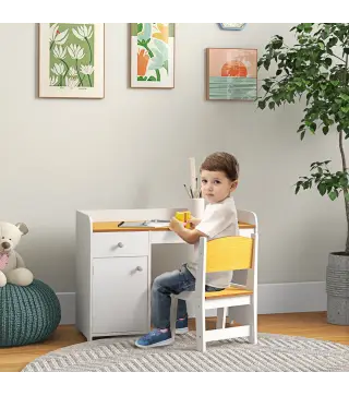 Escritorio para Niños con Silla Conjunto de Escritorio de 2 Piezas con Cajón y Armario Blanco y Natural