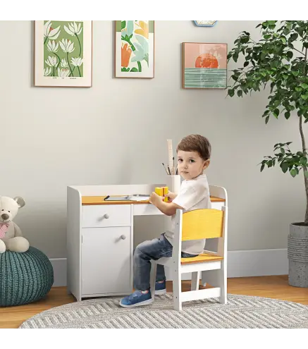Escritorio para Niños con Silla Conjunto de Escritorio de 2 Piezas con Cajón y Armario Blanco y Natural