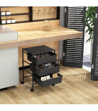 Carrito Auxiliar con Ruedas con 3 Cestas para Almacenamiento y Marco de Acero para Cocina Baño 40,8x33,5x60,5 cm Negro