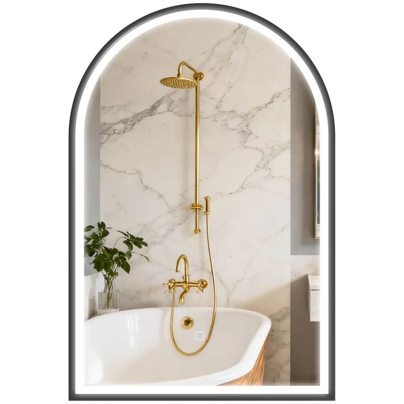 Espejo de Baño con Luz 60x90 cm Espejo de Pared Arqueado 3 Colores de Luz Brillo Regulable Función Antivaho Negro
