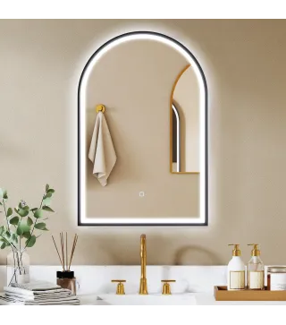 Espejo de Baño con Luz 60x90 cm Espejo de Pared Arqueado 3 Colores de Luz Brillo Regulable Función Antivaho Negro