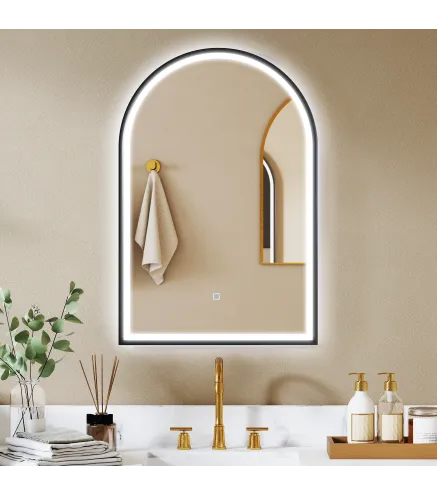Espejo de Baño con Luz 60x90 cm Espejo de Pared Arqueado 3 Colores de Luz Brillo Regulable Función Antivaho Negro