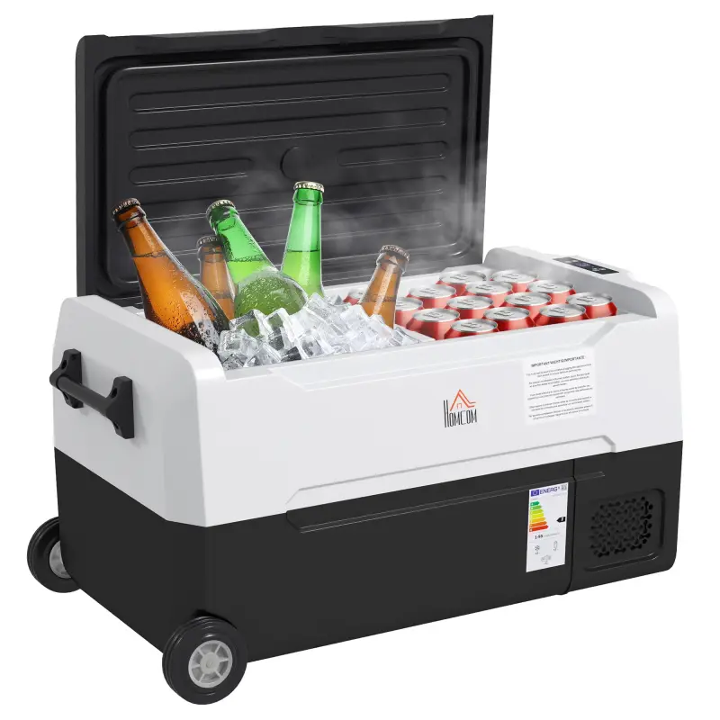 Nevera Compresor 30,5L -20℃-20℃ 12 / 24V DC y 100-240V CA con 2 Ruedas y Compartimento Congelador 72,6x39x37,3 cm Negro