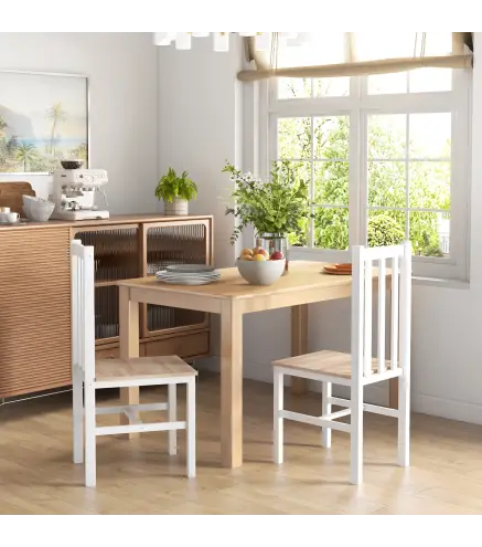 Juego de 2 Sillas de Comedor y Cocina con Respaldo de Listones Estructura de Madera de Pino 38,5x47,5x99 cm Blanco