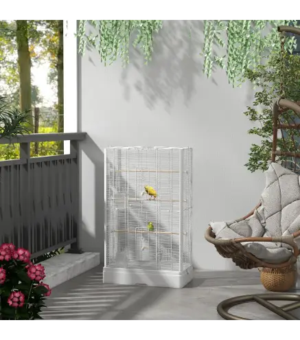 Jaula para Pájaros 61x36,5x98 cm con 8 Puertas 5 Perchas Bandeja Extraíble y 4 Comederos para Periquitos Pinzones Blanco