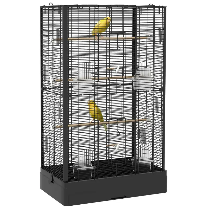 Jaula para Pájaros 61x36,5x98 cm con 8 Puertas 5 Perchas Bandeja Extraíble y 4 Comederos para Periquitos Pinzones Negro