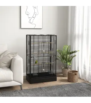 Jaula para Pájaros 61x36,5x98 cm con 8 Puertas 5 Perchas Bandeja Extraíble y 4 Comederos para Periquitos Pinzones Negro