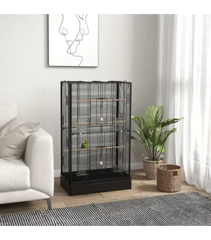 Jaula para Pájaros 61x36,5x98 cm con 8 Puertas 5 Perchas Bandeja Extraíble y 4 Comederos para Periquitos Pinzones Negro
