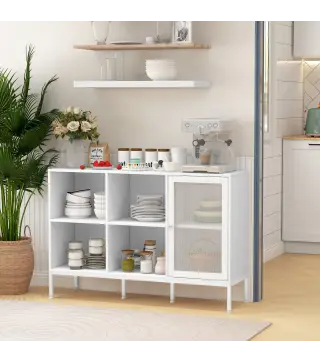 Aparador de Cocina Aparador Blanco con Puerta de Malla 4 Compartimentos Abiertos y Estante Ajustable 120x37x81,5 cm