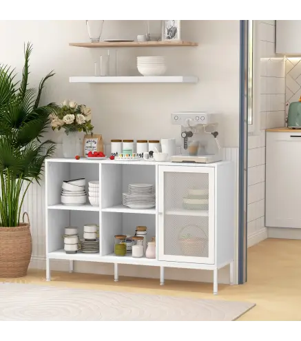 Aparador de Cocina Aparador Blanco con Puerta de Malla 4 Compartimentos Abiertos y Estante Ajustable 120x37x81,5 cm