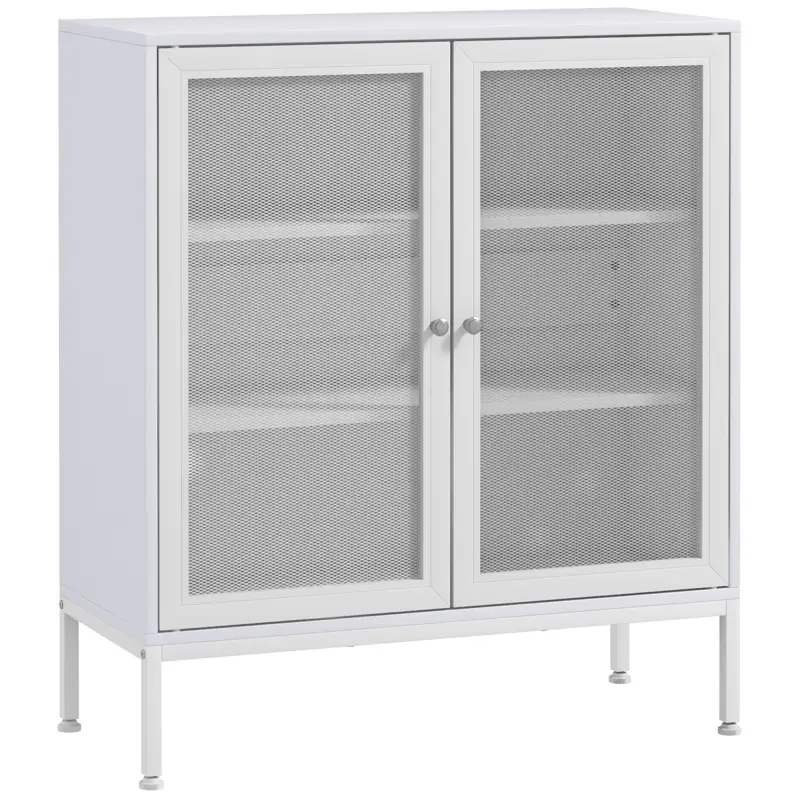 Aparador para Comedor Mueble Auxiliar con Puertas de Rejilla Metálica y Estantes Ajustable 80x37x92 cm Blanco